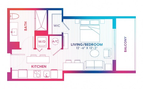 Floor plan for studio, 1 bath, 409 sqft
